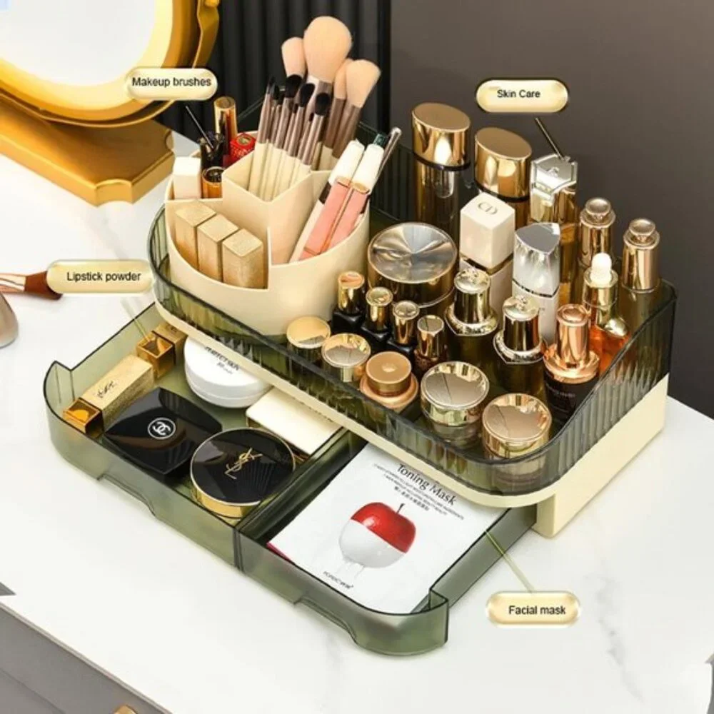 Rotating Makeup Organizer, Clear Green Acrylic Countertop Storage with 2 Drawers